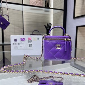 Cha.nel Vanity Case With Chain Lambskin Gold Tone Metal Purple AP2198