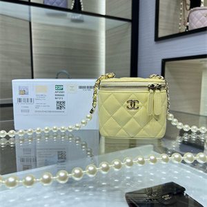 Cha.nel Vanity Case With Chain Lambskin Gold Tone Metal Yellow AP2581