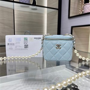 Cha.nel Vanity Case With Chain Lambskin Gold Tone Metal Blue AP2581