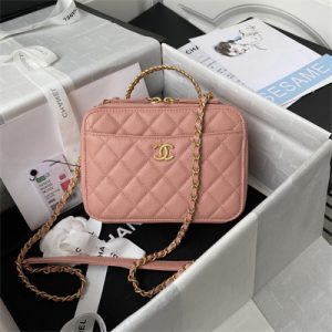 Cha.nel Vanity Case With Top Handle Grained Calfskin Gold Tone Metal Pink AP3222