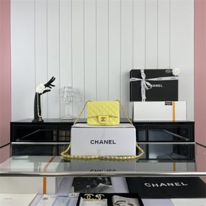 Cha.nel Super Mini Classic Flap Bag Grained Calfskin Gold Tone Metal Yellow 01115