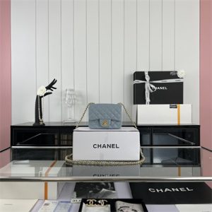 Cha.nel Super Mini Classic Flap Bag Grained Calfskin Gold Tone Metal Lt Blue 01115