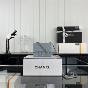 Cha.nel Super Mini Classic Flap Bag Grained Calfskin Silver Tone Metal Lt Blue 01115