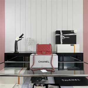 Cha.nel Super Mini Classic Flap Bag Grained Calfskin Silver Tone Metal Red 01115