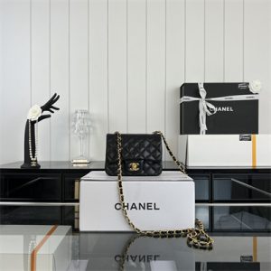 Cha.nel Super Mini Classic Flap Bag Lambskin Gold Tone Metal Black 01115