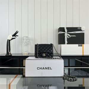 Cha.nel Super Mini Classic Flap Bag Lambskin Silver Tone Metal Black 01115