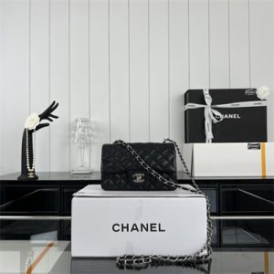 Cha.nel Mini Classic Flap Bag Grained Calfskin Silver Tone Metal Black 01116