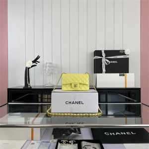 Cha.nel Mini Classic Flap Bag Grained Calfskin Gold Tone Metal Yellow 01116