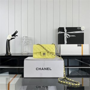 Cha.nel Mini Classic Flap Bag Grained Calfskin Silver Tone Metal Yellow 01116