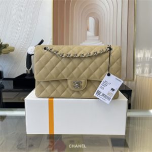 Cha.nel Medium Classic Flap Bag Grained Calfskin Silver Tone Metal Beige 01112 (Flap Edge Stitch)