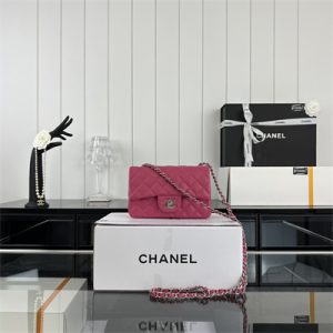 Cha.nel Mini Classic Flap Bag Grained Calfskin Silver Tone Metal Fuchsia 01116