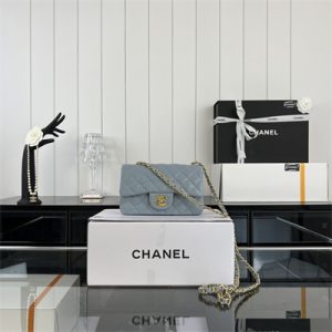 Cha.nel Mini Classic Flap Bag Grained Calfskin Gold Tone Metal Lt Blue 01116