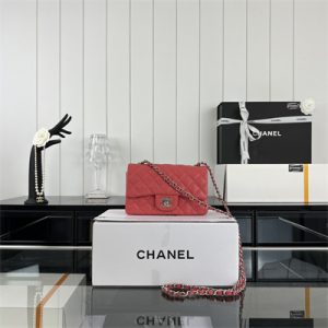 Cha.nel Mini Classic Flap Bag Grained Calfskin Silver Tone Metal Red 01116