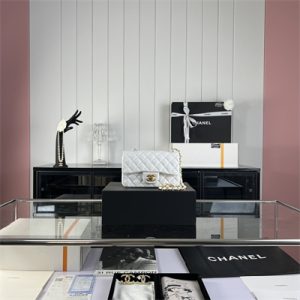 Cha.nel Mini Classic Flap Bag Lambskin Gold Tone Metal White 01116