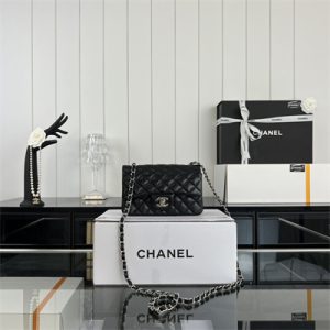 Cha.nel Mini Classic Flap Bag Lambskin Silver Tone Metal Black 01116