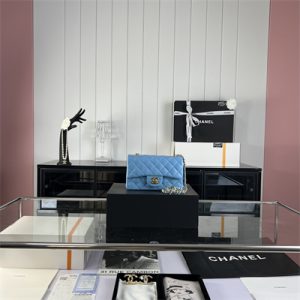 Cha.nel Mini Classic Flap Bag Lambskin Gold Tone Metal Blue 01116