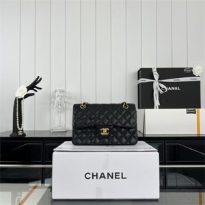 Cha.nel Small Classic Flap Bag Grained Calfskin Gold Tone Metal Black 01117