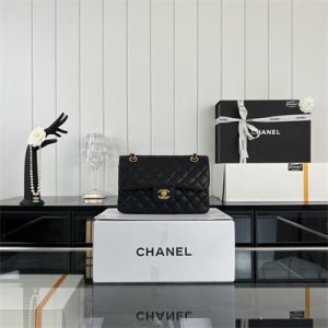 Cha.nel Small Classic Flap Bag Grained Calfskin Gold Tone Metal Black 01117 (Flap Edge Stitch)