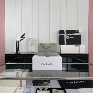 Cha.nel Small Classic Flap Bag Grained Calfskin Gold Tone Metal Grey 01117