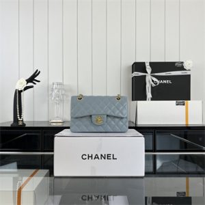 Cha.nel Small Classic Flap Bag Grained Calfskin Gold Tone Metal Lt Blue 01117