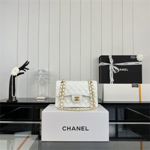 Cha.nel Small Classic Flap Bag Lambskin Gold Tone Metal White 01117