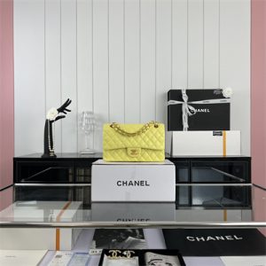 Cha.nel Medium Classic Flap Bag Grained Calfskin Gold Tone Metal Yellow 01112