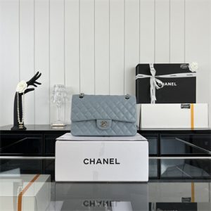 Cha.nel Medium Classic Flap Bag Grained Calfskin Silver Tone Metal Lt Blue 01112