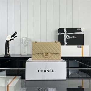 Cha.nel Medium Classic Flap Bag Grained Calfskin Gold Tone Metal Beige 01112