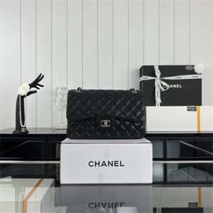 Cha.nel Large Classic Flap Bag Grained Calfskin Silver Tone Metal Black 58600(Flap Edge Stitch)