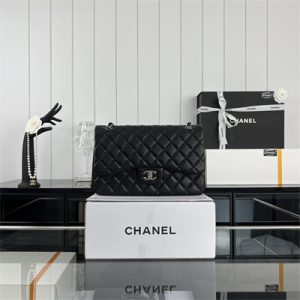 Cha.nel Large Classic Flap Bag Lambskin Silver Tone Metal Black 58600