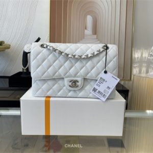Cha.nel Medium Classic Flap Bag Grained Calfskin Silver Tone Metal White 01112 (Flap Edge Stitch)