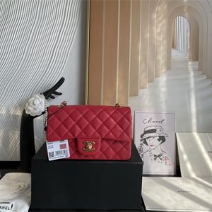 Cha.nel Mini Classic Flap Bag Grained Calfskin Gold Tone Metal Red 01116
