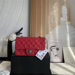 Cha.nel Mini Classic Flap Bag Grained Calfskin Silver Tone Metal Red 01116