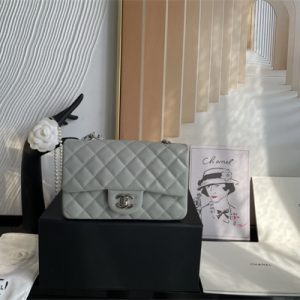 Cha.nel Mini Classic Flap Bag Grained Calfskin Silver Tone Metal Grey 01116