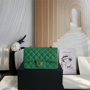 Cha.nel Mini Classic Flap Bag Grained Calfskin Gold Tone Metal Green 01116