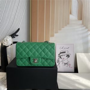Cha.nel Mini Classic Flap Bag Grained Calfskin Silver Tone Metal Green 01116