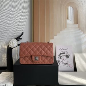 Cha.nel Mini Classic Flap Bag Grained Calfskin Silver Tone Metal Caramel 01116