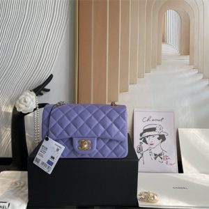 Cha.nel Mini Classic Flap Bag Grained Calfskin Gold Tone Metal Purple 01116