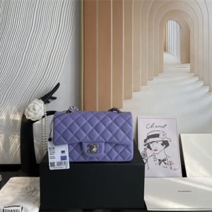 Cha.nel Mini Classic Flap Bag Grained Calfskin Silver Tone Metal Purple 01116