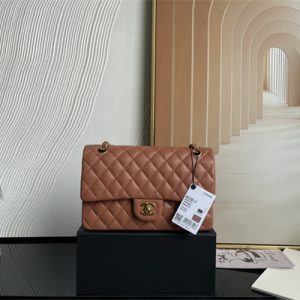 Cha.nel Medium Classic Flap Bag Grained Calfskin Gold Tone Metal Caramel 01112