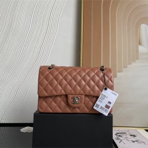 Cha.nel Medium Classic Flap Bag Grained Calfskin Silver Tone Metal Caramel 01112