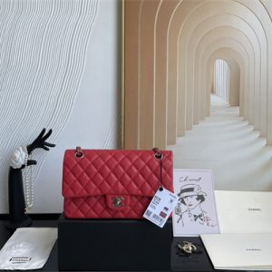 Cha.nel Medium Classic Flap Bag Grained Calfskin Silver Tone Metal Red 01112