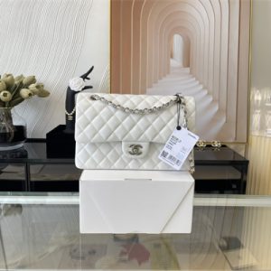 Cha.nel Medium Classic Flap Bag Lambskin Silver Tone Metal White 01112