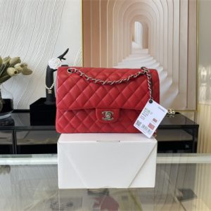 Cha.nel Medium Classic Flap Bag Lambskin Silver Tone Metal Red 01112