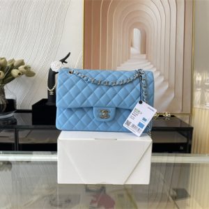 Cha.nel Medium Classic Flap Bag Lambskin Silver Tone Metal Blue 01112