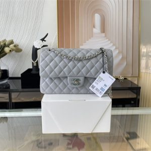 Cha.nel Medium Classic Flap Bag Lambskin Silver Tone Metal Lt Blue 01112