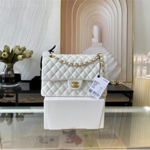 Cha.nel Medium Classic Flap Bag Lambskin Gold Tone Metal White 01112