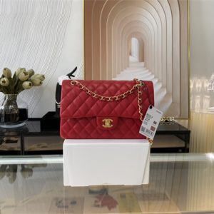 Cha.nel Medium Classic Flap Bag Lambskin Gold Tone Metal Red 01112