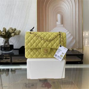 Cha.nel Medium Classic Flap Bag Lambskin Gold Tone Metal Yellow 01112