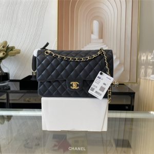 Cha.nel Medium Classic Flap Bag Lambskin Gold Tone Metal Navy 01112